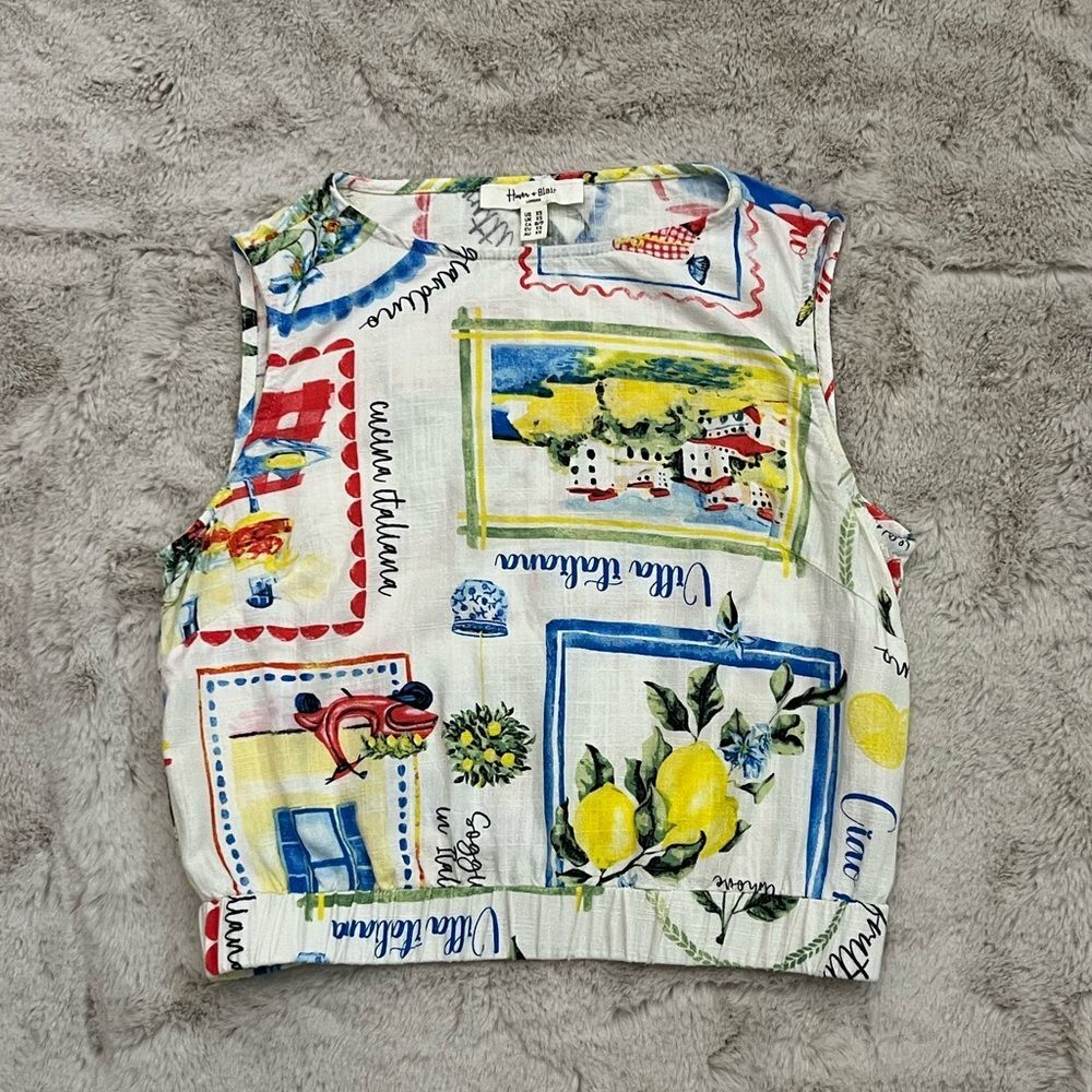 Haver+Blair London Italian Postcard Print Linen Blend Sleeveless Top XS